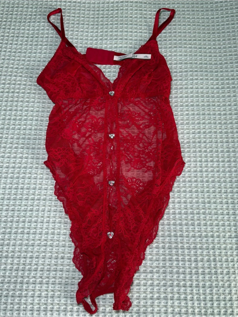 Victoria's Secret Sexy Red Lace Crotchless Bodysuit Size Large Hearts Nighty